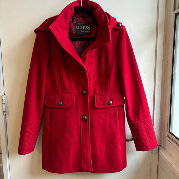Guess VINTAGE Los Angeles 1981 Red wool blend Hooded Military Jacket. - Picture 1 of 4